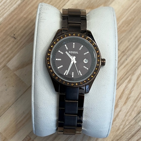 Fossil Ladies Watch Crystal Embellishments Bronze Copper Dial and Bracelet - Picture 4 of 11